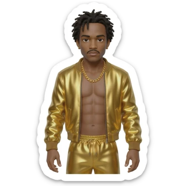 MC Hammer with black hair, gold metallic jacket, gold metallic harem pants, shirtless with necklace sticker