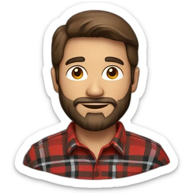 Man with a beard and brown hair wearing a red and black plaid flannel shirt and a Santa hat sticker