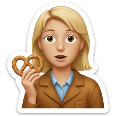 Short, center part, Dirty blond hair, fair skin with freckles,  holding pretzels and closing one eye sticker