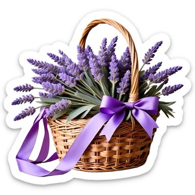 A carefully arranged lavender bouquet, interwoven with hints of muted wisteria and smoky violet, rests inside a vintage wicker basket, its stems spilling over in a cascade of soft, fragrant beauty. A loosely draped silk ribbon in shades of lavender and aubergine weaves through the handle, catching the light as it gently sways in the breeze.
 sticker
