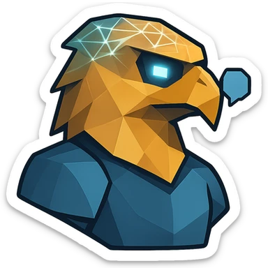 Transform the polygonal eagle head logo into an AI agent character. Keep the polygonal eagle head as the base, but add subtle digital eyes, a neural network pattern, and a speech bubble to suggest intelligence and interactivity. Ensure the background is fully transparent and the design is optimized for use as an AI agent icon, not just a logo. sticker