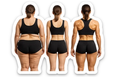 fai una donna di spalle in gym shorts leggermente sovrappeso e con cellulite e accanto una seconda donna di spalle magra (che è dimagrita post dieta) e accanto una terza donna in forma allenata e con le giuste proporzioni, l'immagine deve rappresentare il processo: da donna grassa, a donna piatta e magra, a donna allenata e in forma con i giusti muscoli, iperrealistico 4k sticker