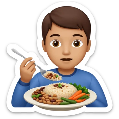 Create a person having lunch. Not a sandwich. Rice, beans, vegetables and chicken. sticker