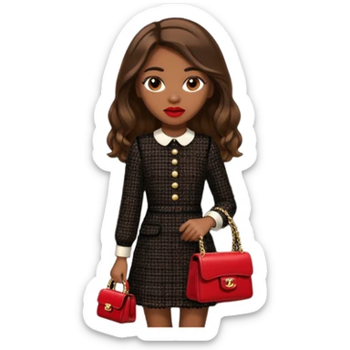 girl with brown long hair dressed up in black chanel tweed dress carrying a red chanel bag and wearing red lipstick. Close up shot with wind blowing her hair looking fancy sticker