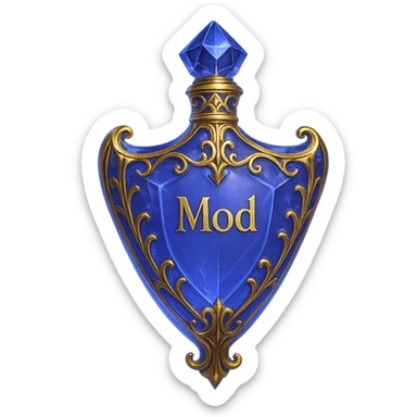 Premium class, extremely luxurious crystal elixir bottle in shield shape, color #7986cb, with inscription 'Mod', maximum glow, edges, ornaments, golden details, subtle magical effects, unique shape accents, transparent background, beautiful seamless bottom, bottle clearly floating in air, no base or shadow, very luxurious, modern, fits collection. sticker