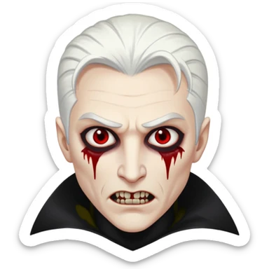 Creat a young man Vampire with white skin and white hair "make him have slide back hair" and full black vampire clothes and bloody eyes and long fangs and scary dead eyes sticker