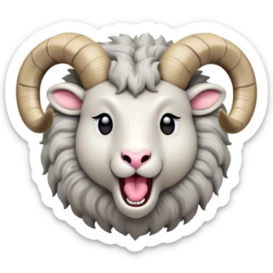 Cinematic Cute Yawning Ram Portrait Emoji, Head tilted slightly with a dramatic, wide-open yawn, showcasing a soft, woolly grey fur with gently drooping horns and ears, round dark eyes barely open in drowsy contentment, Simplified yet irresistibly adorable features, highly detailed, glowing with a soft, cozy glow, high shine, relaxed yet expressive, stylized with a touch of rugged whimsy, bright and endearing, soft glowing outline, capturing the essence of a sleepy yet affectionate ram, so drowsy it feels like it could stretch out of the screen and curl up for a nap! sticker