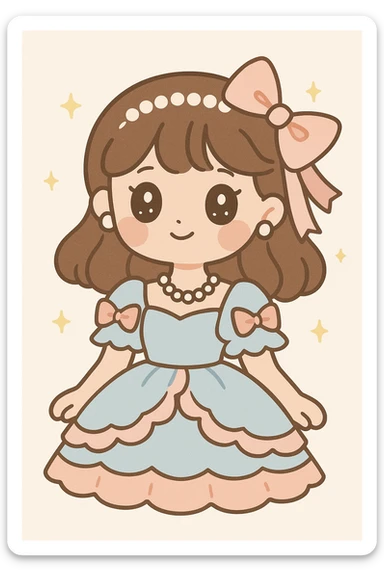 a girl in coquette style wearing a frilly dress with ribbons, soft lighting, rosy cheeks, pearl accessories, dreamy elegant atmosphere sticker