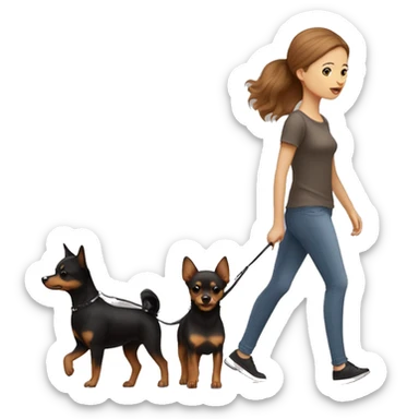 A light brown haired girl, walking one mini black and tan miniature Pinscher and one very big fluffy light brown Spitz on the lead sticker