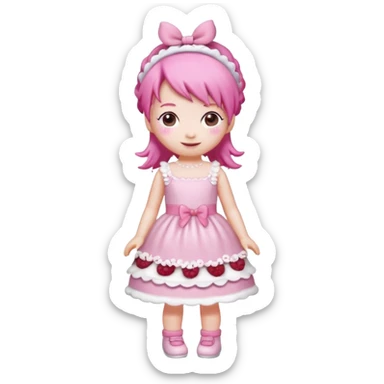 Isolated detaile illustration of the most modern raspberry torte doll figurine full body with pink hair and a hairband sticker