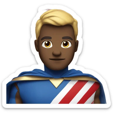 Emoji of Homelander from ‘The Boys’ series. USA flag-inspired costume with cape (red, blue, white). Confident, slightly menacing expression. sticker