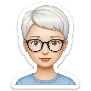 White woman with short pixie white hair, glasses sticker