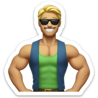 a man flexing muscle and smiling and sunglasses sticker