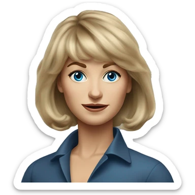 Medium length Dirty blonde voluminous hair with bangs all across forehead and sides swept away from face woman of 60 with blue eyes  sticker