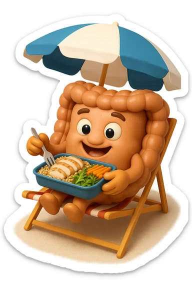 EMOJI STILE IPHONE DI INTESTINO IN SPIAGGIA SU UNA SPIAGGINA SOTTO L'OMBRELLONE CON IN MANO UNA SCHISCETTA DI Insalata di quinoa e pollo con rucola e carote, iperrealistica 4k sticker