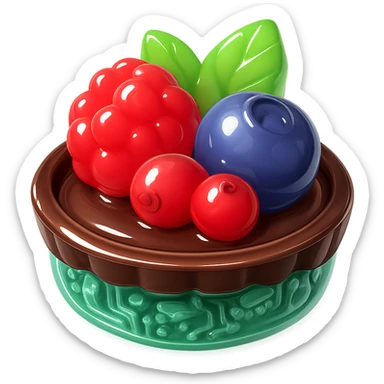 3D glossy fruit tart with chocolate crust, filled with chocolate ganache, topped with mixed berries and mint leaves, shiny highlights sticker