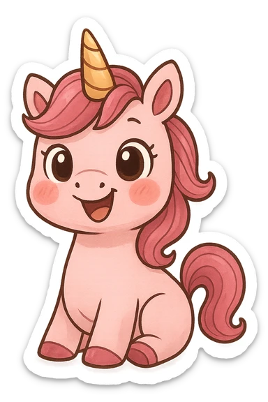 a cute pink unicorn, original design, big eyes, blushing cheeks, joyful sticker