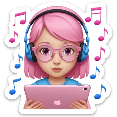 Little girl with headphones when pink eyes and pink iPad and pink dreamy background and rose colored glasses and blue music notes around her sticker