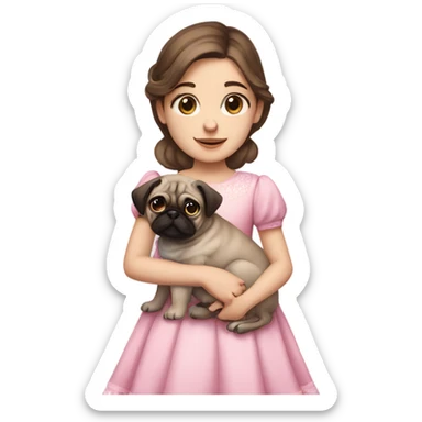 Brown hair blue eyes girl with pug puppy with pink dress sticker