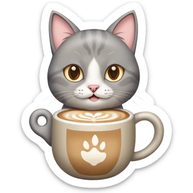 Happy gray Cat holding in its front two paws an hot latte sticker