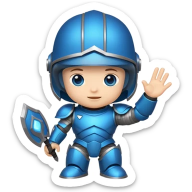 "Cute chibi-style armored hero sticker, oversized helmet, small body, glowing blue eyes, friendly waving pose, bold outlines, saturated colors, isolated on a plain white background, 2D cartoon style." sticker