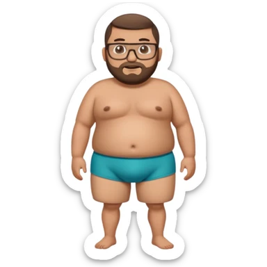 A very fat standing shirtless mexican guy in his boxers with a buzzcut, a beard, and glasses sticker
