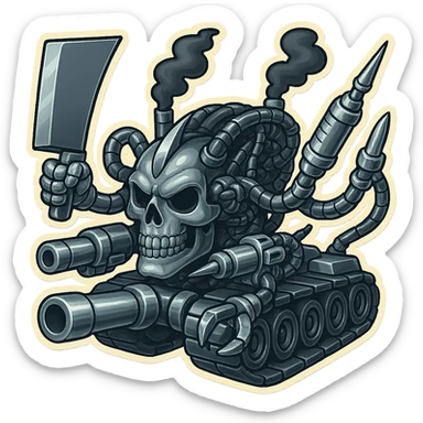 Create a skull robot tank with 4 distinct arms, each hand holding a different weapon: a large industrial blade, a blaster, a menacing syringe, and a claw. The exterior metal is extra shiny silver grey, with inside cables and tech almost black. Smoke from the top is dark shaded. The skull face is positioned low and forward, similar to the attached references. Use retro stickers style with clean outline, compact proportions, and transparent background. sticker