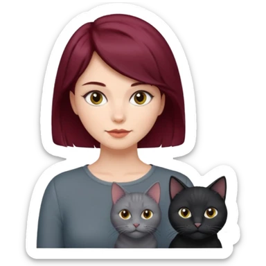 femme au cheveux court bordeau avec chat poils longs gris et chat poils ras noirs sticker