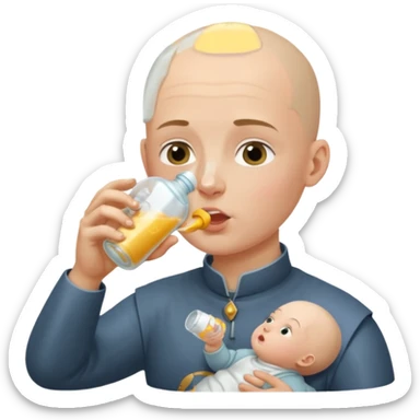 Un homme avec une calvitie cheveux ras boit un biberon  avec Jeanne d’arc dans le biberon  sticker