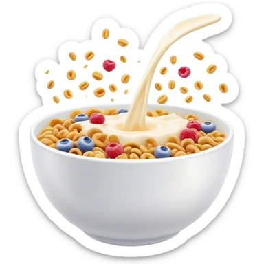 Cinematic crunchy cereal, vibrant and colorful, splashing into a bowl of cold milk, soft glowing background, dynamic movement, playful and inviting, nostalgic and fun. sticker