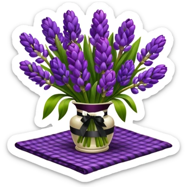 A lush bouquet of bright prple color Hyacinths black satin ribbon, resting on an antique wooden table, with a pale yellow and pink plaid pattern table cloth sticker