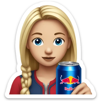 Girl with blue eyes holding Red Bull drink sticker