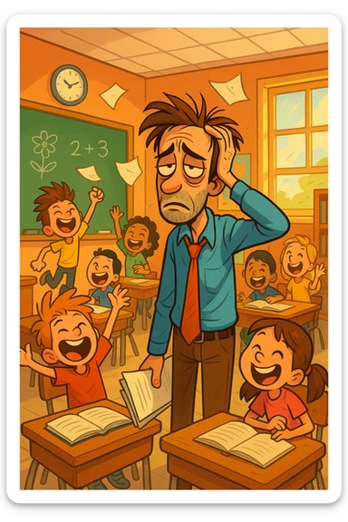 digital cartoon art of a exhausted teacher in a bustling classroom sticker