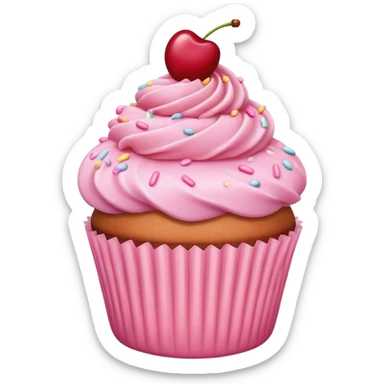 pastel pink cupcake with pink sprinkles and a cherry sticker
