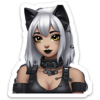Gorgeous gothic dark techwear cyberpunk anime style sona anthro cat with blushing face aesthetic and pretty edgy black with collar and harness trending style sticker