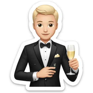 male memoji, stylish man in tuxedo, holding champagne glass, luxury watch, seductive smirk, party vibe sticker