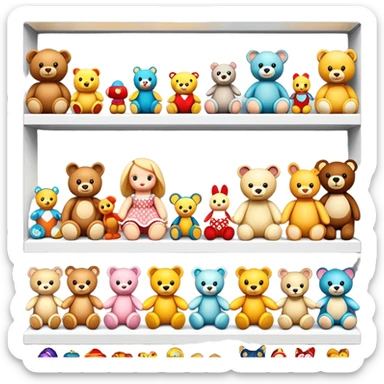 Icon for Toy Collecting: a collection of various vintage toys such as dolls, action figures, and plush animals, displayed neatly on shelves or in display cases. The icon should evoke the joy and nostalgia of collecting toys. Transparent background. sticker