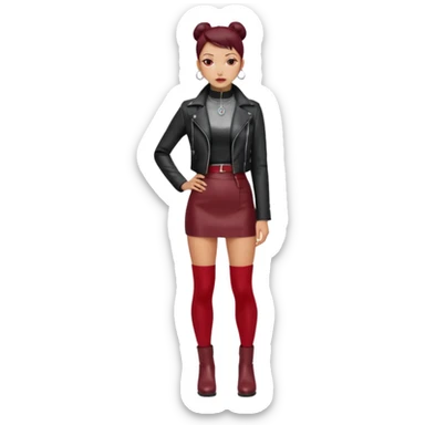 “East Asian woman with a tight sleek bun, no loose strands. Black leather jacket over a black turtleneck, silver Vivienne Westwood-style orb necklace. Red leather mini skirt, burgundy tights, red long boots. Clean, fashion-editorial style.” sticker