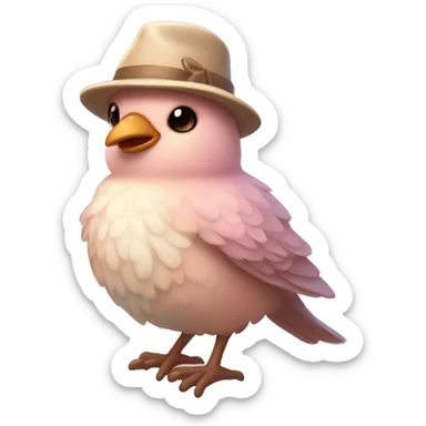 “A cute, fluffy, light pink or pastel-toned bird in a game-like style, dressed in something adorable in pastel shades like beige or brown, with a cute hat or bow. Full-body view, waving cheerfully.” sticker