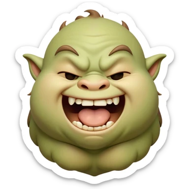 Cinematic Cute Yawning Ogre Portrait Emoji, with a surprisingly cuddly, rotund figure in soft earthy greens and browns, head tilted back in a big, gentle yawn exposing a set of comically oversized teeth, simplified yet irresistibly adorable, highly detailed with a soft glowing outline that captures the sleepy charm of a friendly ogre after a long day of gentle mischief! sticker