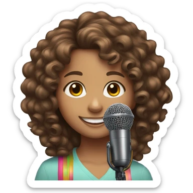 10 year old girl, brown curly hair, microphone, colorful markers sticker