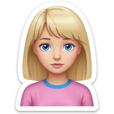 blonde woman with bangs, wearing a pink blouse, blue eyes sticker