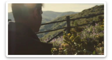A portrait of a person in the foreground, blurred plants in the foreground, a wooden fence and colorfull flowers in the midground, rolling hills in the background, cinematic depth of field, layered composition, natural lighting sticker