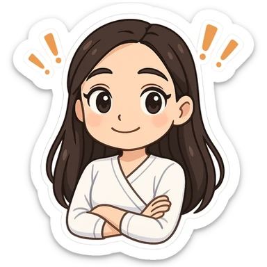 Create a chibi sticker of the girl from the previous successful bitmoji chibi stickers, with an attentive and kind face with exclamation marks. She has long hair, the same face and style, with a white outline and transparent background. sticker