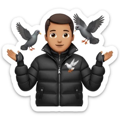 puffer shiny black jacket man open arms looking at a flying pigeon sticker
