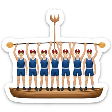 Rowing team lifting coxswain standing on dock with boat after winning sticker