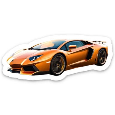 Lamborghini Aventador speeding down Sunset Avenue at dusk, headlights blazing. The sky glows in warm sunset hues, reflecting off the sleek car. Motion blur emphasizes speed, with palm trees and city lights in the background. Transparent background. sticker