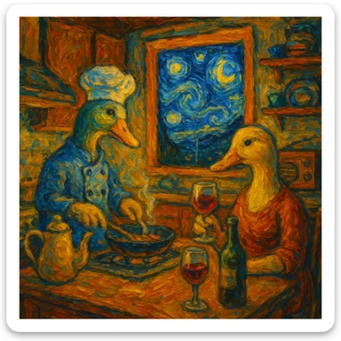 Cozy kitchen in Van Gogh style with male and female ducks cooking, drinking wine, listening to music, Starry Night sky through the window, 4:3 ratio, thick brush strokes, vibrant colors, intimate setting sticker