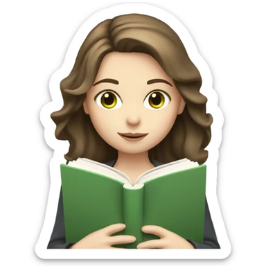 Girl with shoulder length brown hair, green eyes, pale skin, reading a book sticker