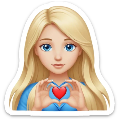Cinematic realistic blonde with long hair and blue eyes shows her heart with her hands sticker